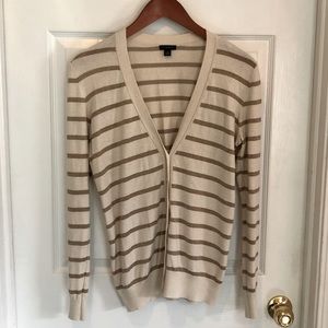 Ann Taylor cream and gold striped vneck cardigan sweater